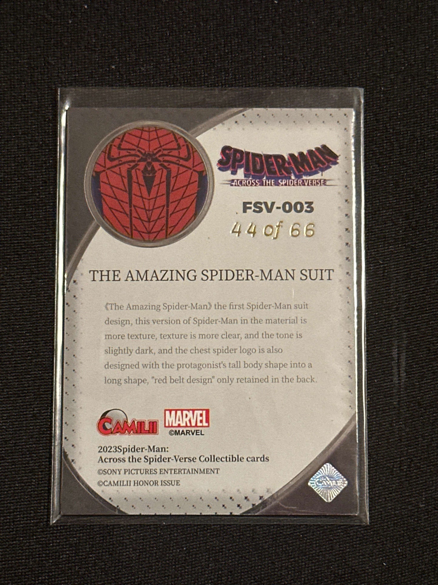 CAMILLI ACROSS THE SPIDERVERSE THE AMAZING SPIDER-MAN SUIT INSERT SP #44/66 125 Graded Marvel Cards – PSA, CGC & Rare Inserts Redsters Comics Redsters Comics