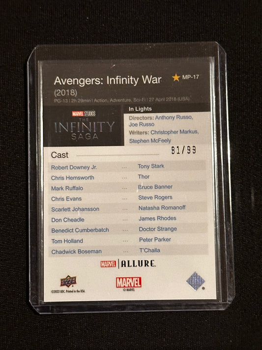 MARVEL ALLURE 2022 MOVIE POSTERS AVENGERS INFINITY WAR IN LIGHTS INSERT MP-17 #81/99 29 Trading card Graded Marvel Cards – PSA, CGC & Rare Inserts Redsters Comics Redsters Comics