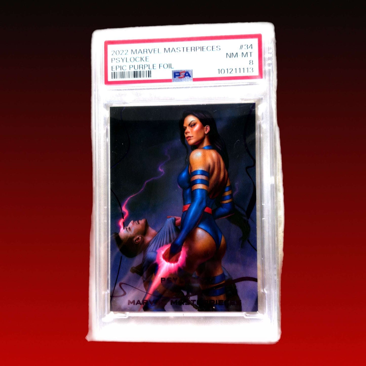 2022 Marvel Masterpieces #34 Psylocke – Epic Purple Foil PSA 8 NM/MT – Graded Marvel Trading Card 64 Graded Marvel Cards – PSA, CGC & Rare Inserts Redsters Comics Redsters Comics