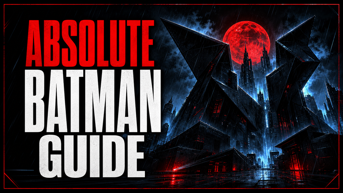 Absolute Batman Guide illustrated thumbnail with angular Gotham skyline and red moon
