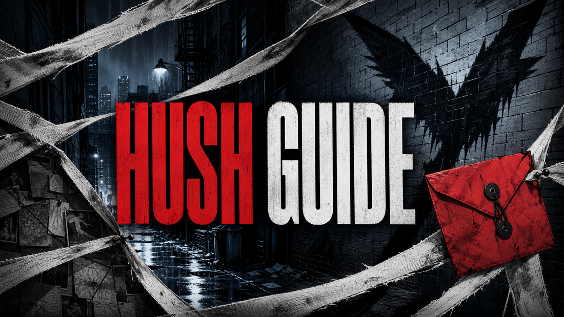 Hush Guide thumbnail with rain-soaked noir alley, bandage strips and a bat-shaped shadow