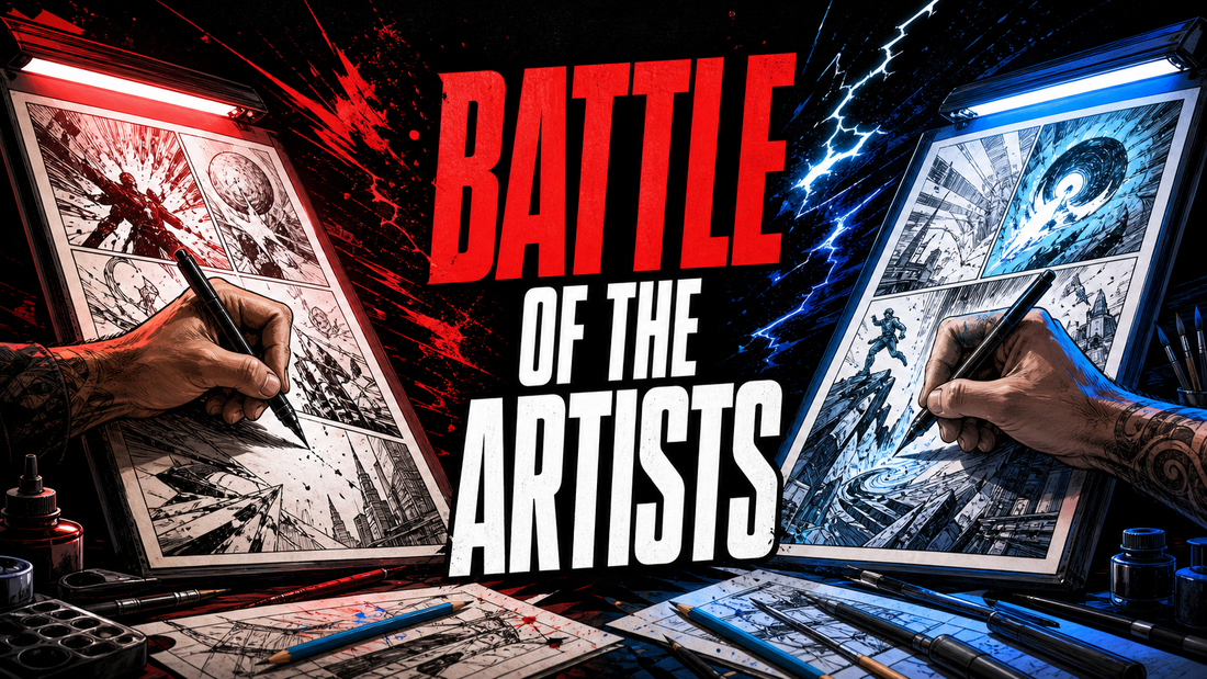 Battle of the Artists thumbnail showing two comic artists drawing under red and blue lights