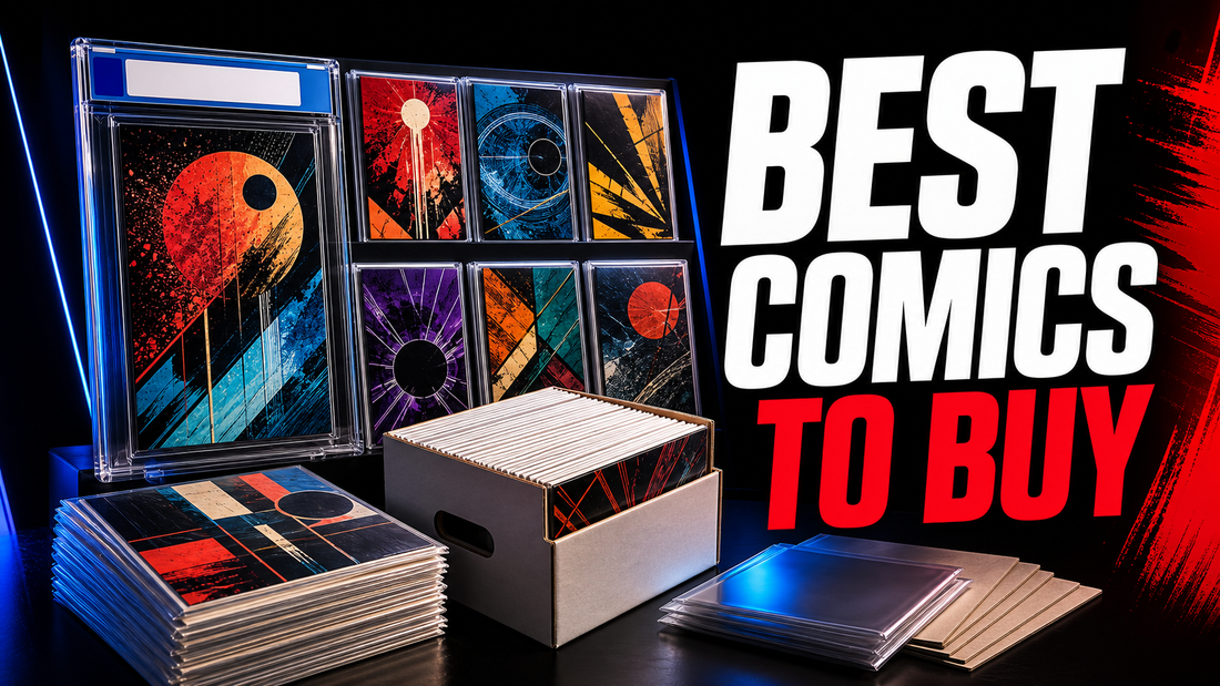 Best Comics to Buy thumbnail showing fictional comic variants, a graded slab and storage supplies