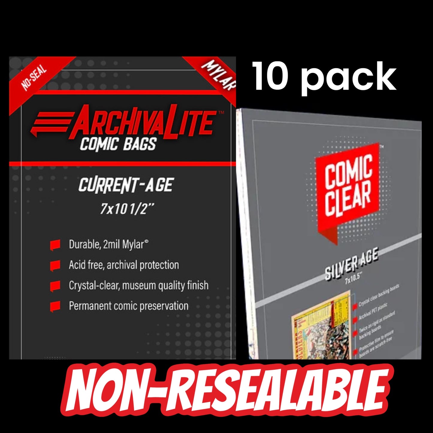 10 pack 2mm Comic Clear non-resealable current size Mylar bags and crystal clear backing boards.