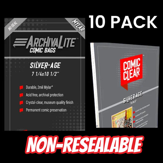 10 pack 2mm Non-resealable silver age Mylar bags and crystal clear backing boards.