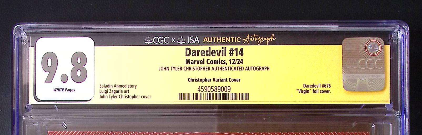 Daredevil #14 CGC 9.8 Signed John Tyler Christopher Virgin Foil Variant 150 CGC Signature Series Comic CGC Graded Comics UK | Buy Certified CGC Slabbed Comics Marvel Comics Redsters Comics