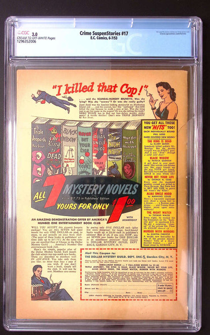 Crime SuspenStories #17 CGC 3.0 (1953) – Classic Suicide Cover | EC Comics | Ray Bradbury Adaptation 675 CGC Graded Comic CGC Graded Comics UK | Buy Certified CGC Slabbed Comics EC Comics Redsters Comics