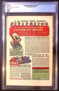 Back of Amazing Spider-Man #41 in its CGC 4.0 holder, showing off-white to white pages certification 4786172016, a Wallace Brown advertisement and visible upper-left back-cover abrasion.
