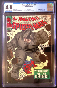 Front of Amazing Spider-Man #41 (October 1966), CGC Universal 4.0 with off-white to white pages, certification 4786172016, featuring John Romita's Rhino debut cover and visible spine and edge wear.