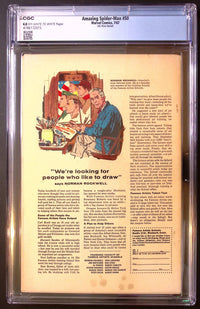 Back of Amazing Spider-Man #50 UK Price Variant in its CGC 4.0 holder, showing off-white to white pages certification 4786172015, a Norman Rockwell Famous Artists Schools advertisement and visible lower-cover marks.