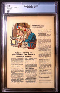 Back of Amazing Spider-Man #56 in its CGC 6.0 holder, showing off-white to white pages certification 4786172019 and a Famous Artists Schools advertisement featuring Norman Rockwell.