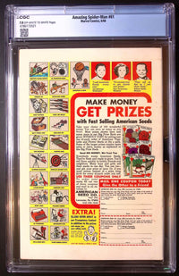 Back of Amazing Spider-Man #61 in its CGC 7.0 holder, showing off-white to white pages certification 4786172021 and an American Seed Co. prizes advertisement.