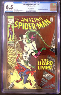 Front of Amazing Spider-Man #76 (September 1969), UK 1/- price variant, CGC Universal 6.5 with off-white to white pages, certification 4786172014, showing John Romita's The Lizard Lives cover.