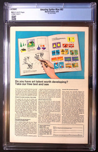Back of Amazing Spider-Man #83 UK Price Variant in its CGC 8.0 holder, showing off-white pages certification 4786172011 and a Famous Artists School art talent test advertisement.