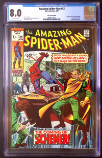 Front of Amazing Spider-Man #83 (April 1970), UK 1/- price variant, CGC Universal 8.0 with off-white pages, certification 4786172011, featuring Spider-Man and the Schemer.