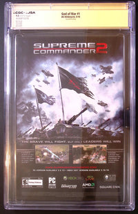 Back of God of War #1 second printing in its CGC x JSA 9.8 holder, showing white pages certification 4686815018 and the Supreme Commander 2 advertisement.
