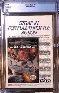 Back of New Mutants #87 in its CGC 9.6 holder, showing white pages certification 4788989005 and the Taito Sky Shark Nintendo game advertisement.