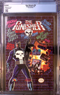 Back of New Mutants #98 Newsstand Edition in its CGC 9.4 holder, showing white pages certification 4788989002 and The Punisher Nintendo game advertisement.