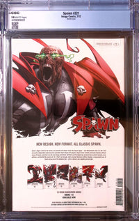 Back of Spawn #221 Sketch Cover in its CGC 9.8 holder, showing white pages certification 4788989009 and the Spawn Origins hardcover advertisement.