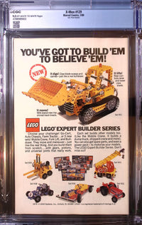 Back of X-Men #129 UK Price Variant, CGC 9.2 off-white to white pages, certification 4788989003, showing the LEGO Expert Builder advertisement